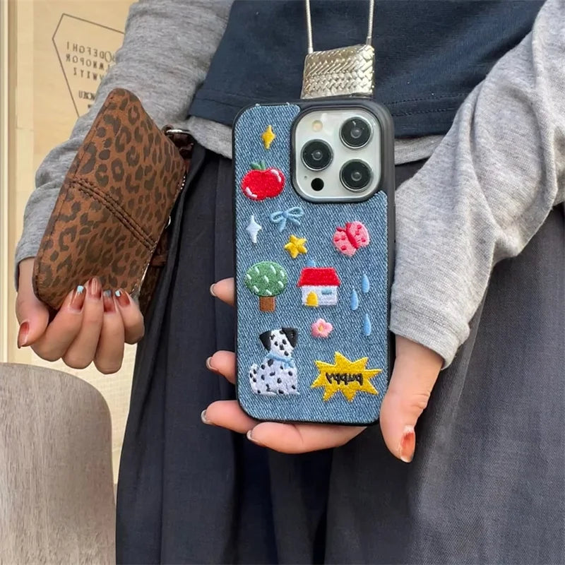 Cute Embroidered Puppy Denim Phone Case