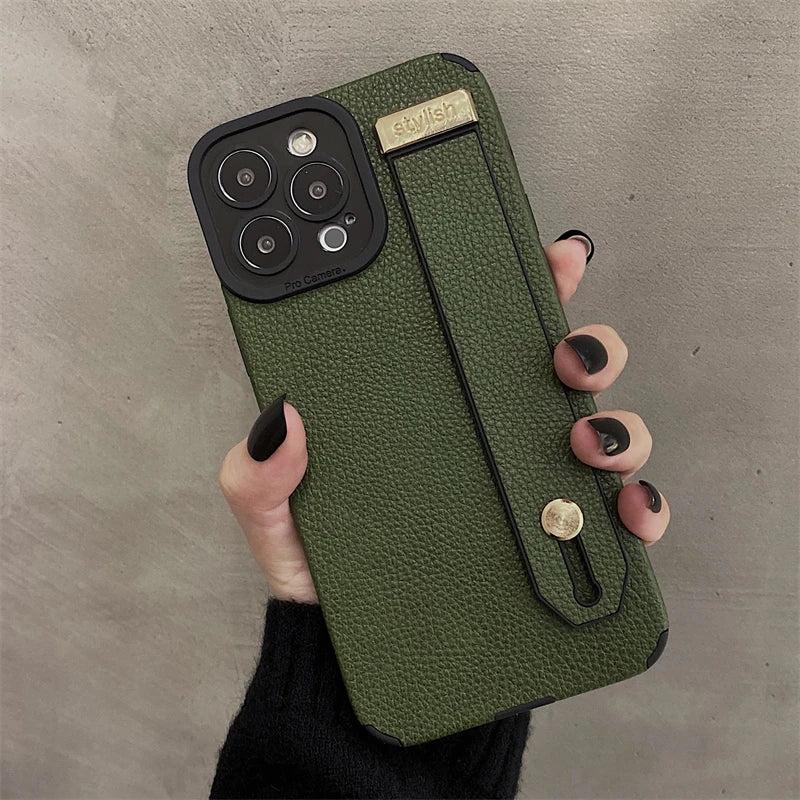 Luxury Wrist Strap Holder Leather Texture Case For iPhone