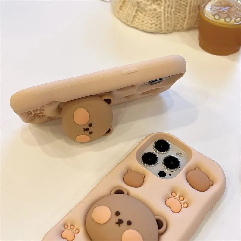 Cheek Color Bear Grip Tok Holder 3D Cartoon Silicon Soft Phone Case For iPhone