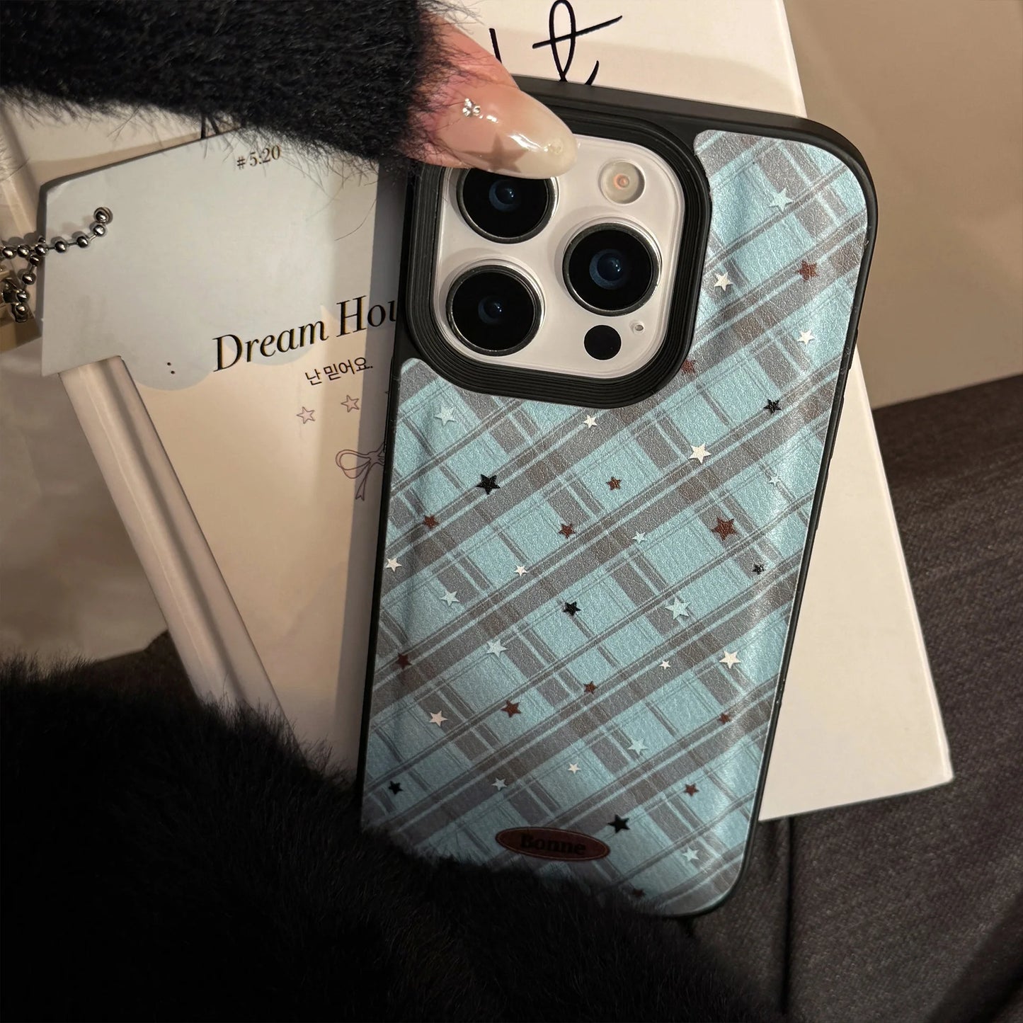 Korean Geometric Checkered Stars Leather Texture Phone Case For iPhone