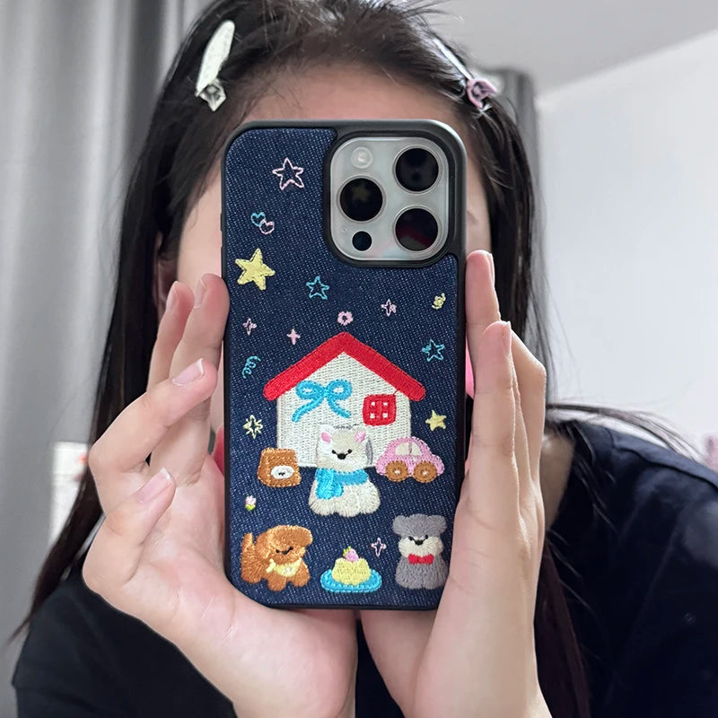 Fashion Denim Fabric Embroidery Puppy Dog Phone Case