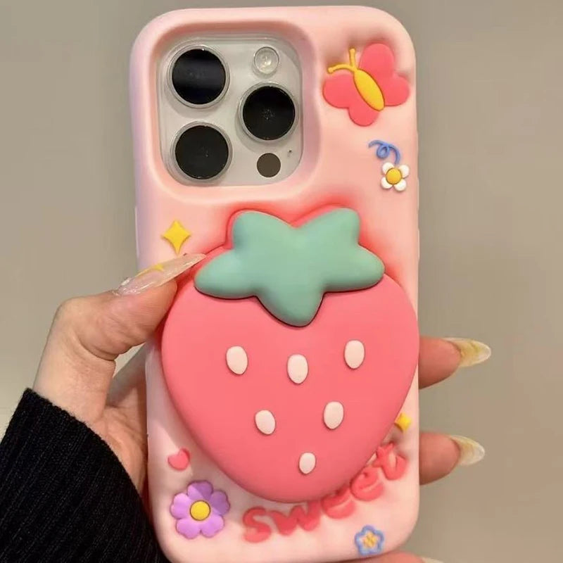Cute 3D Cartoon Strawberry Hand Grip Holder Soft Silicone Phone Case