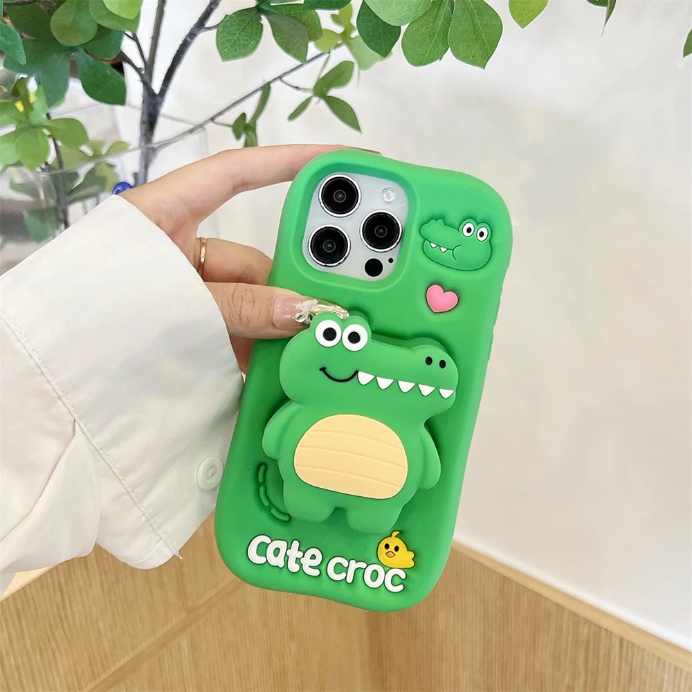 3D Cute Alligator Cartoon Crocodile Stand Holder Phone Case