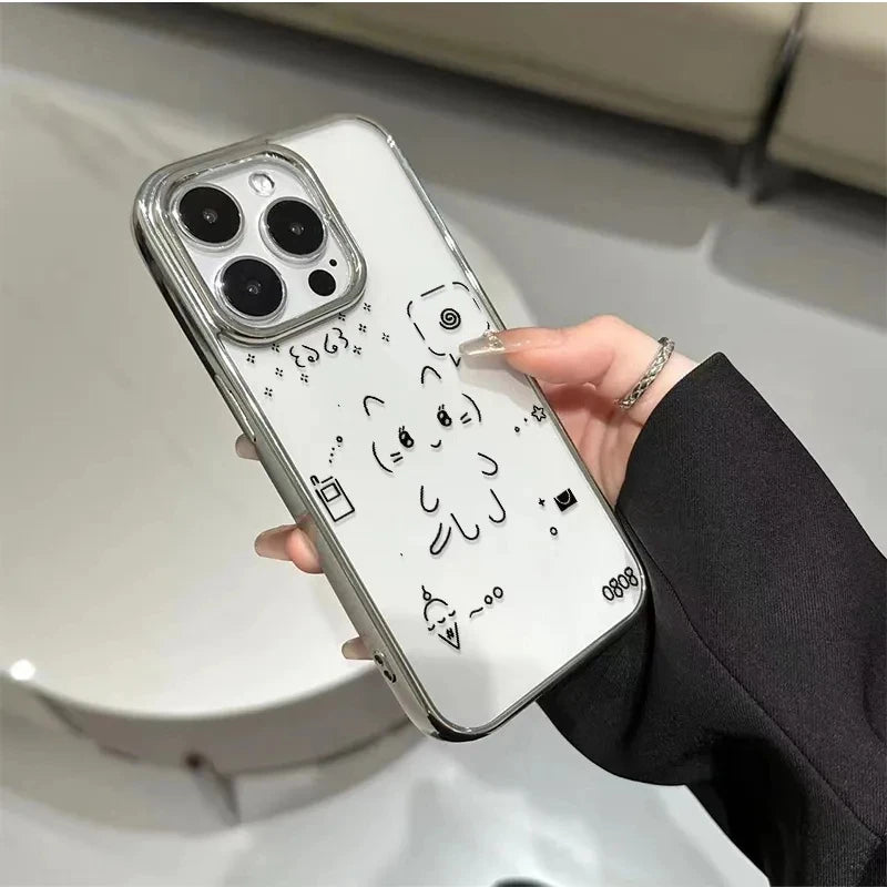 Ins Korean Cute Black Line Rabbit Cat Lovely Phone Case For iPhone