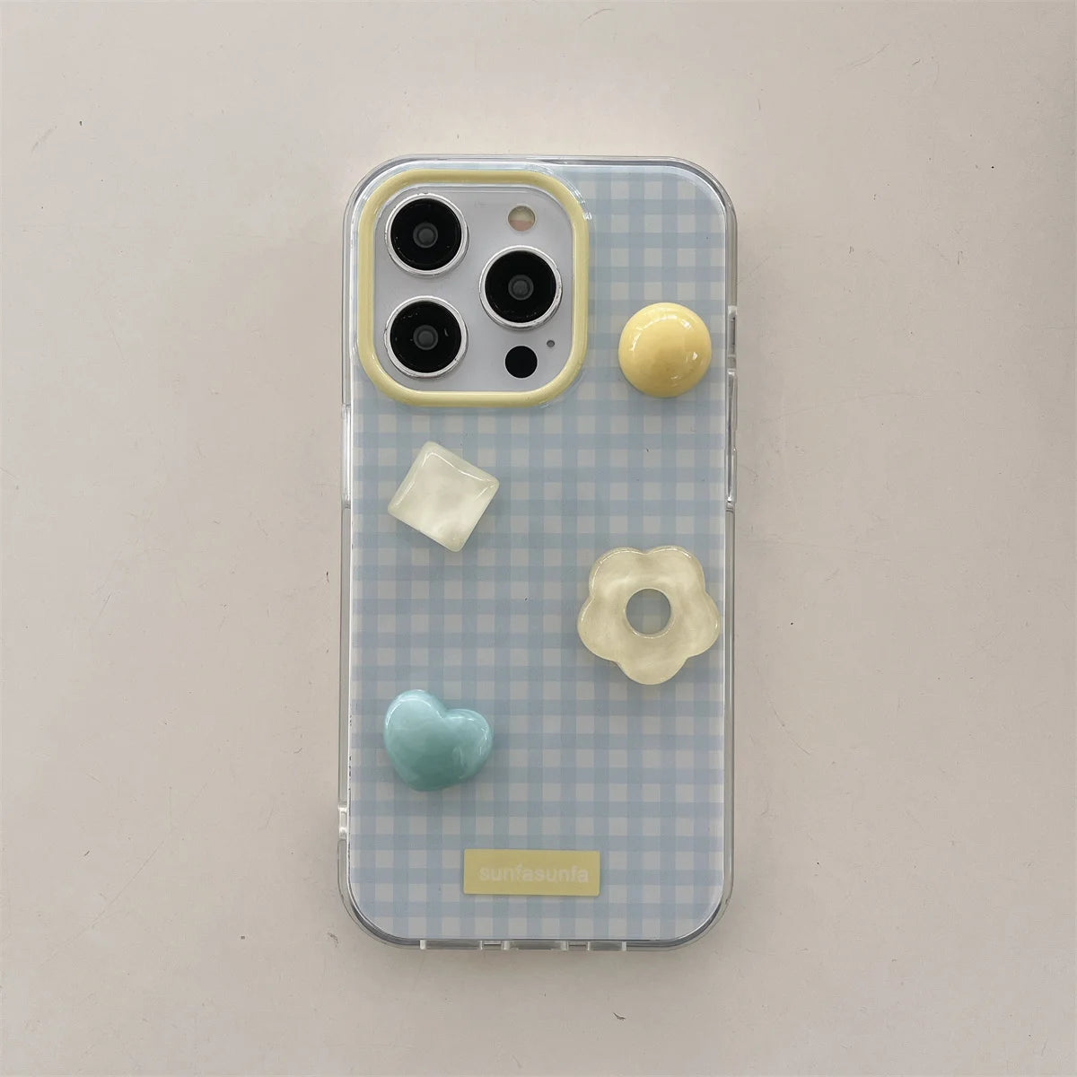 Cute Cartoon Blue Tartan Cream Clear Phone Case