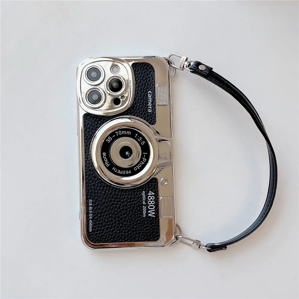 Luxury Retro Stereo Camera Hand With Lanyard Phone Case For iPhone