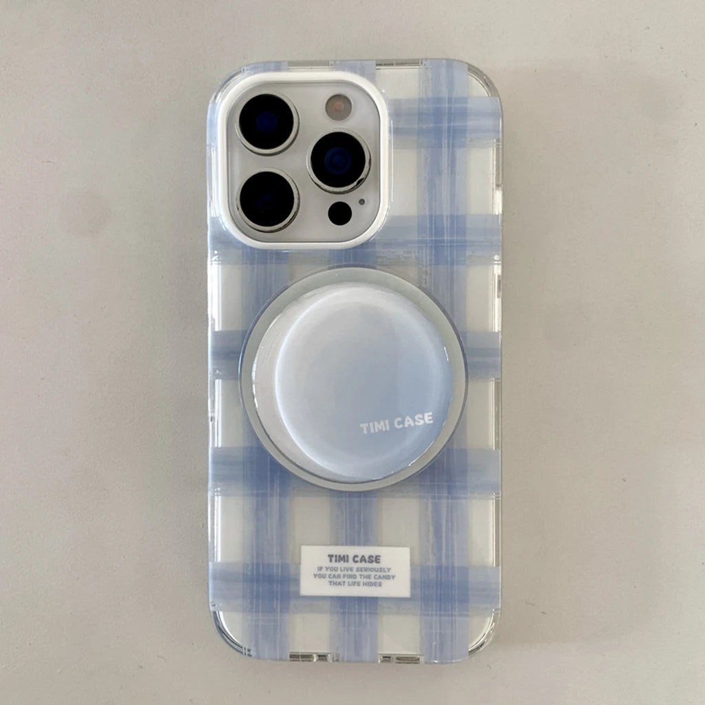 Fresh Simple Pink Blue Grid Pattern With Holder Magnetic Wireless Charging Phone Case