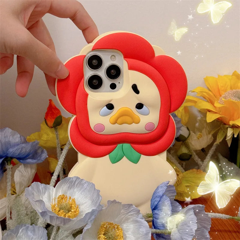 Kawaii Cute Cartoon Flowers Crying Duck Soft Silicone Phone Case For iPhone
