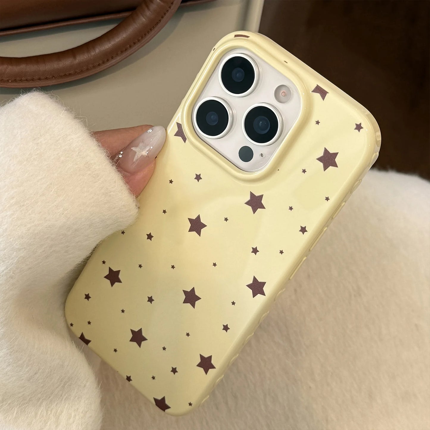 Korean Style Yellow Full Screen Brown Stars Soft Phone Case For iPhone