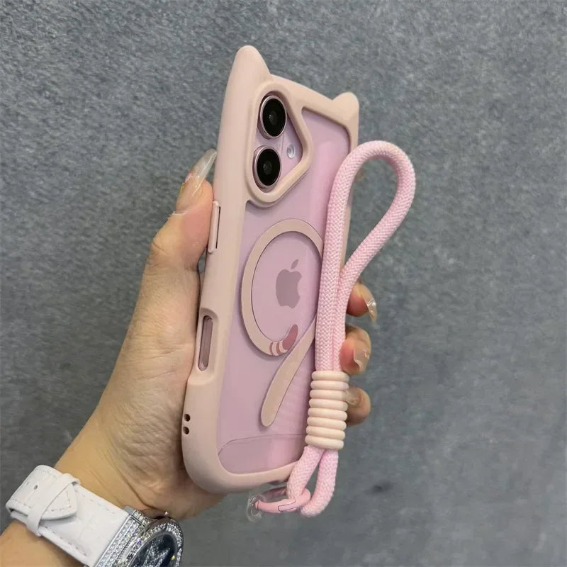Cartoon Cat Ear Magnetic Lanyard Case Wristband Clear Soft Border Cover For iPhone