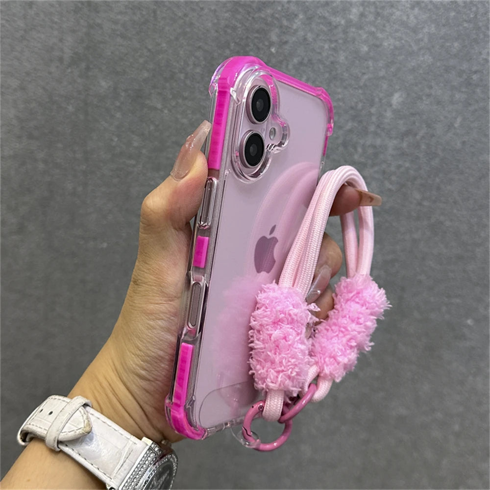 Hybrid Bumper Armor Transparent With Wrist Strap Case For iPhone Shockproof Air Bag Cover