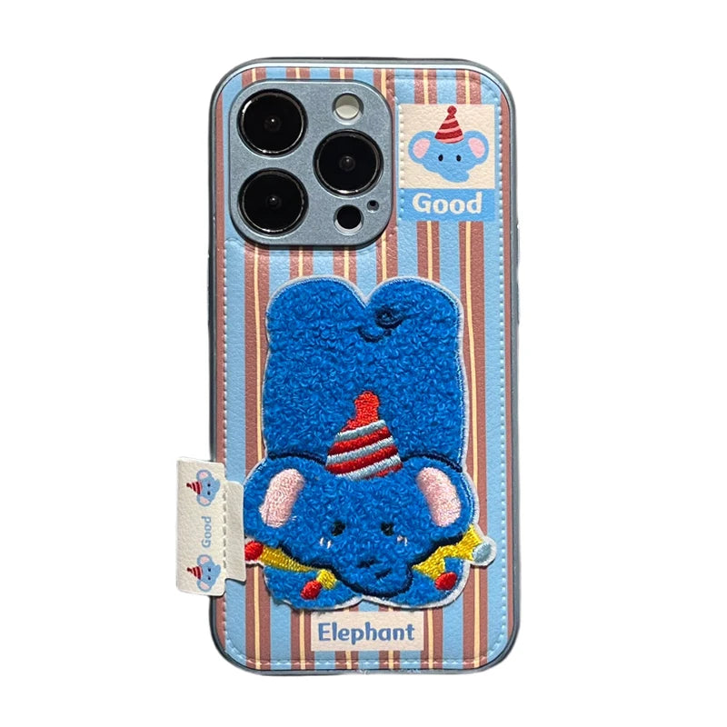 Cartoon Cute 3D Plush Elephant Puppy Drum Bag Leather Phone Case