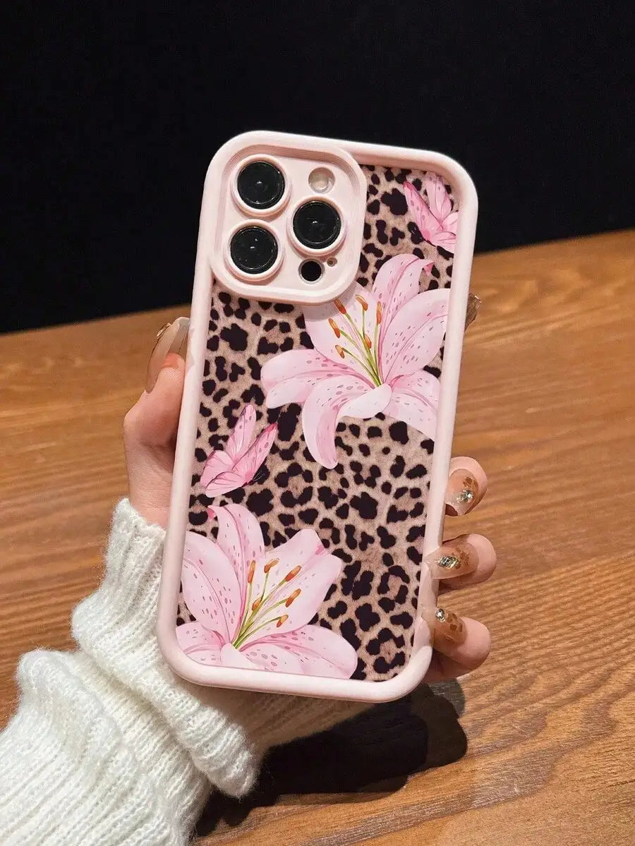 Cute Pink Lily Flower Leopard Print Matte Phone Case For iPhone