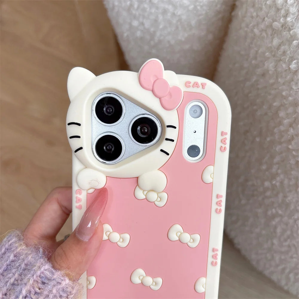3D Cartoon Cute Bowknot Cat Camera Lens Protection Case For iPhone