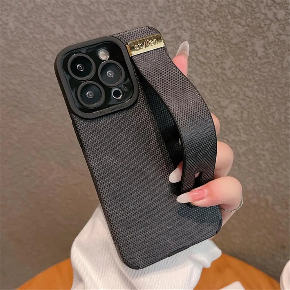 Luxury Leather Wrist Strap Holder Stand Phone Bracket Case For iPhone