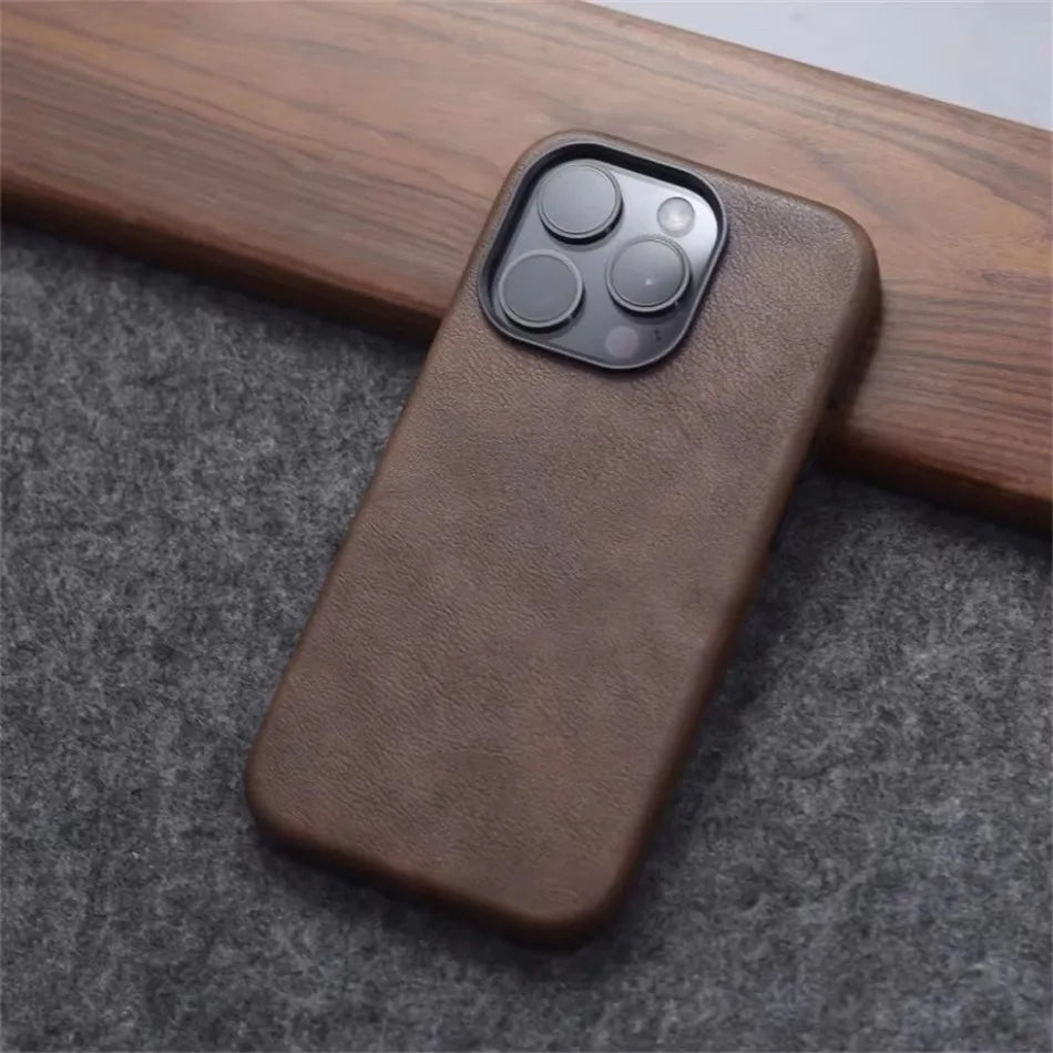Retro Crazy Horse Leather Magsafe Phone Case For iPhone Simple Leather Texture Magnetic Phone Case
