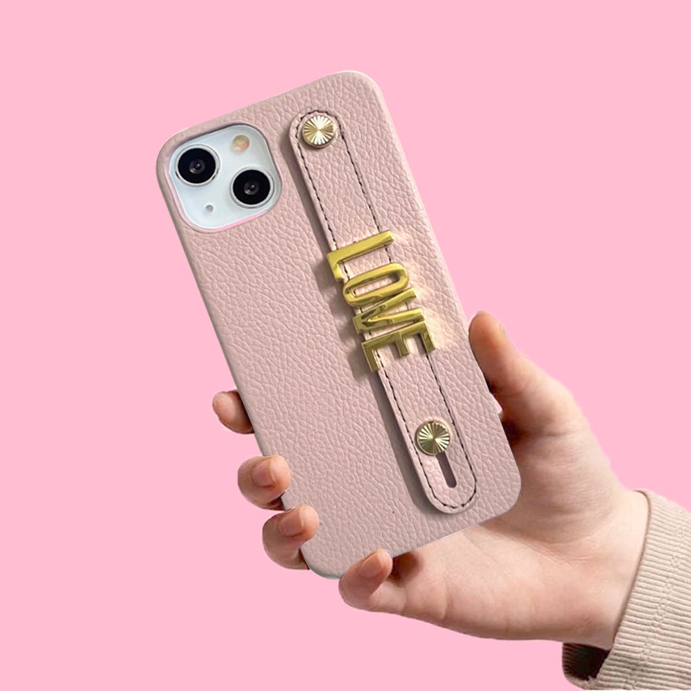 Holding Strap Personalised Custom Name Gold Metal Letters Leather Phone Case For Iphone