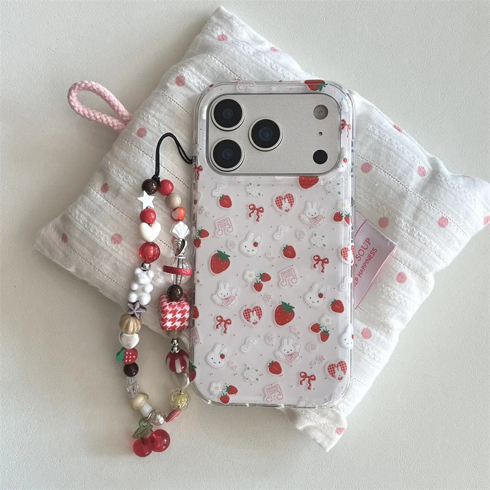 Cute Strawberry Rabbit Phone Case For iPhone Cover With Polka Dots Cartoon Shockproof Fundas With Hinge