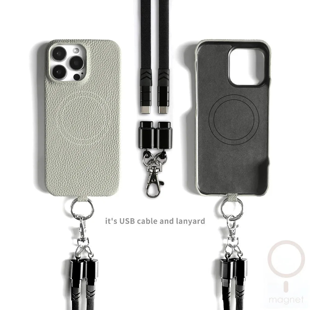 Versatile Lanyard Charging Cable Genuine Leather Phone Case For iPhone