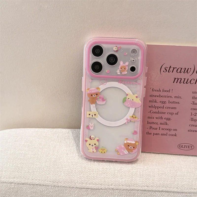 Cute Strawberry Bear Phone Case For iPhone With Magnetic Grip Stand Shockproof