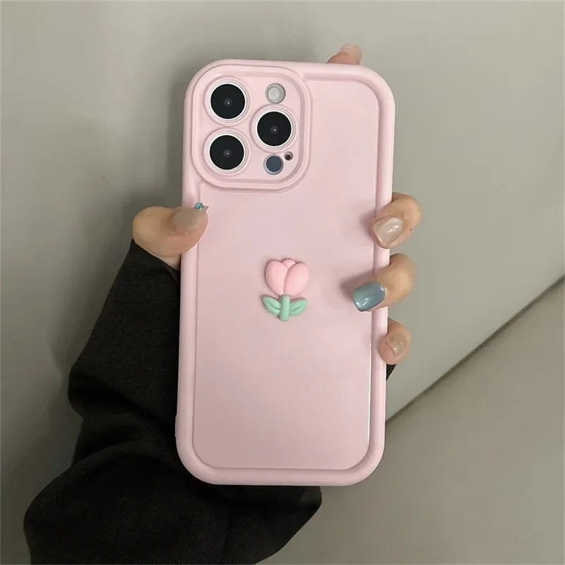 3D Cute Tulip Flower Lanyard Rope Phone Case For iPhone