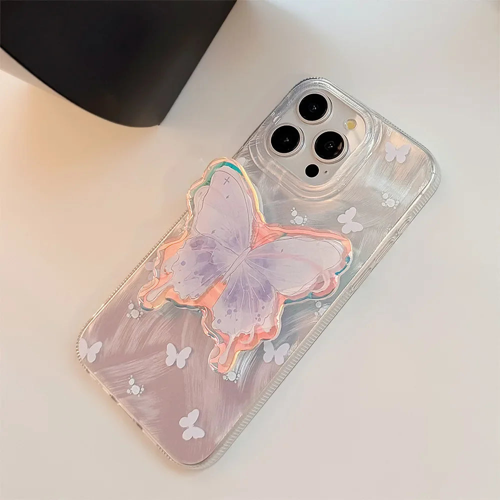 Luxury Laser Watercolor Butterfly Bracket Phone Case For iPhone