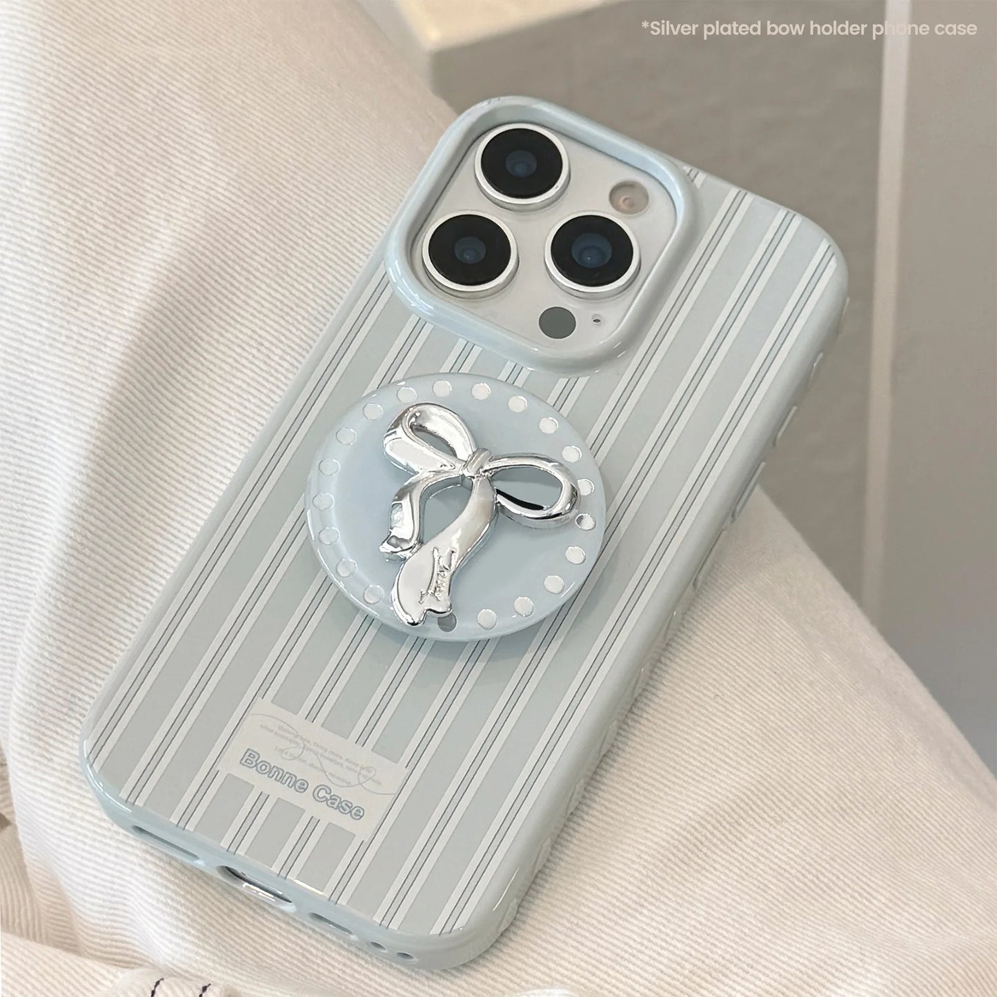 Korean Cute Blue Striped 3D Sliver Bowknot Bracket Soft Phone Case For iPhone