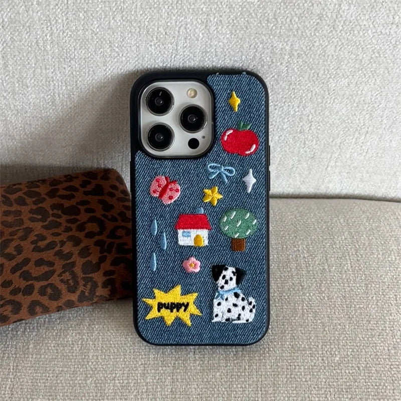 Cute Embroidered Puppy Denim Phone Case