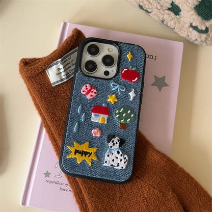Cute Embroidered Puppy Denim Phone Case