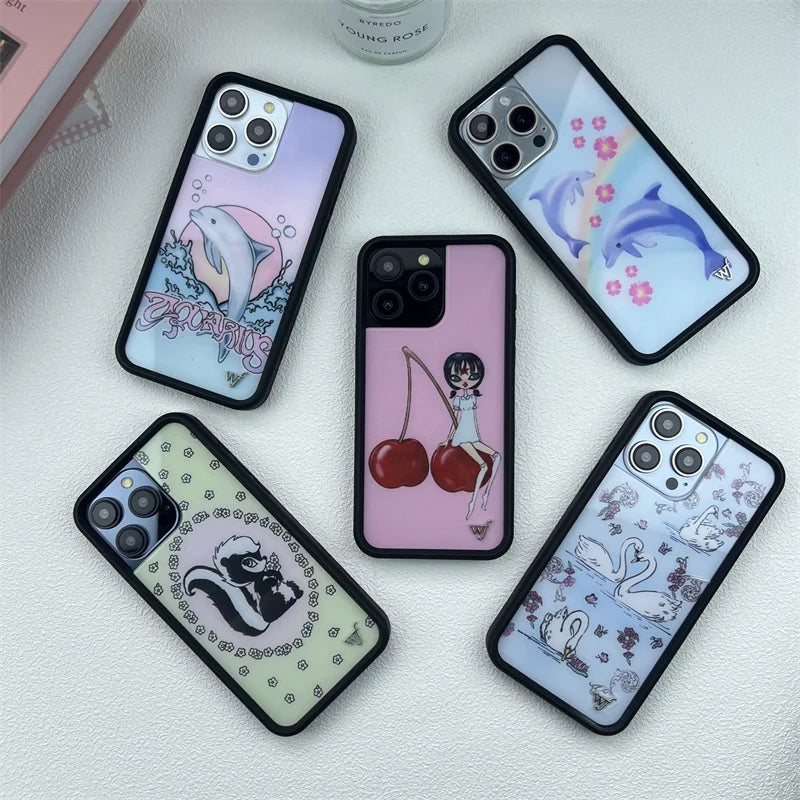 Cute Animal & Cherry Print iPhone Case – Wildflower Cartoon Design