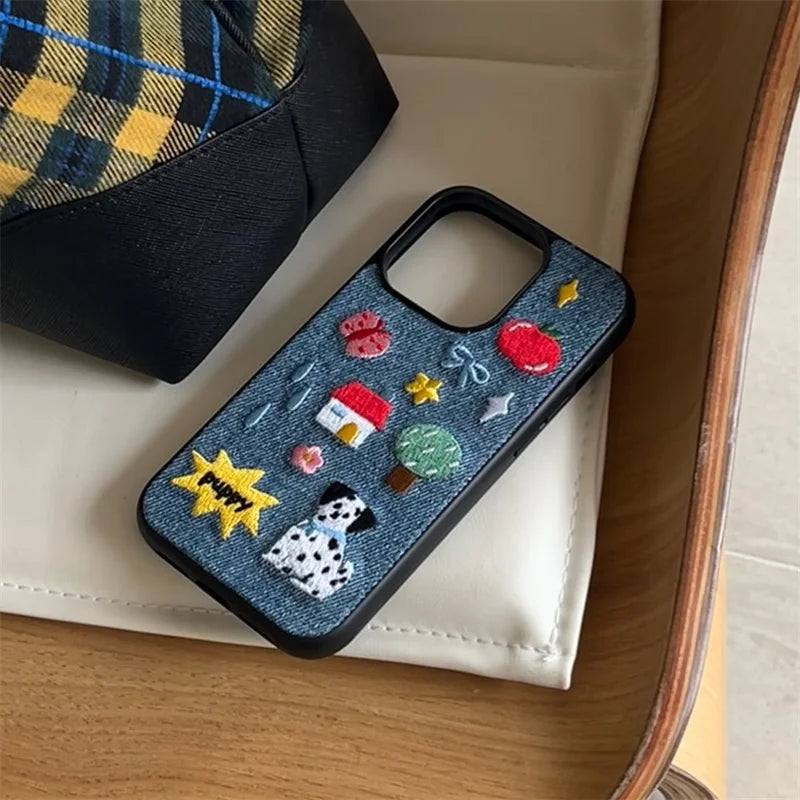 Cute Embroidered Puppy Denim Phone Case