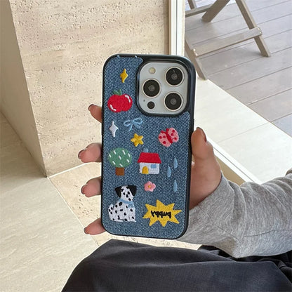 Cute Embroidered Puppy Denim Phone Case