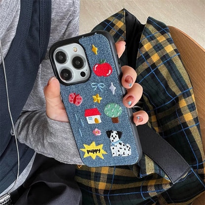 Cute Embroidered Puppy Denim Phone Case