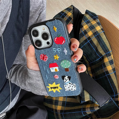 Cute Embroidered Puppy Denim Phone Case