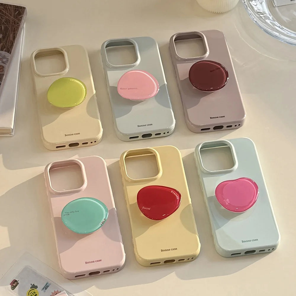 Korean Style Simple Solid Colors With Phone Holder Stand Case For iPhone Shockproof Protective Cover﻿
