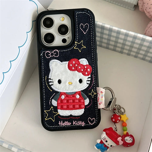 Luxury Denim Leather Pattern Cartoon Hello Kitty Case For iPhone Love Heart Stars Style Cover