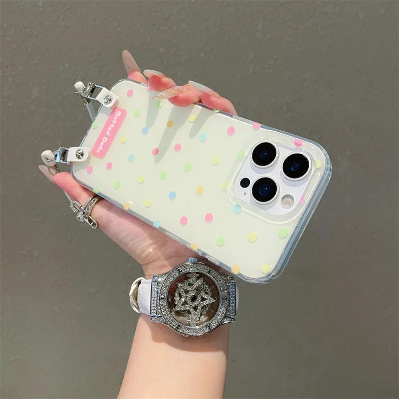 Fashion Colorful Polka Dot Phone Case With Wrist Stra For iPhone