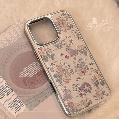 Korean INS Electroplated Frame Rabbit Pattern Vintage Phone Case For iPhone