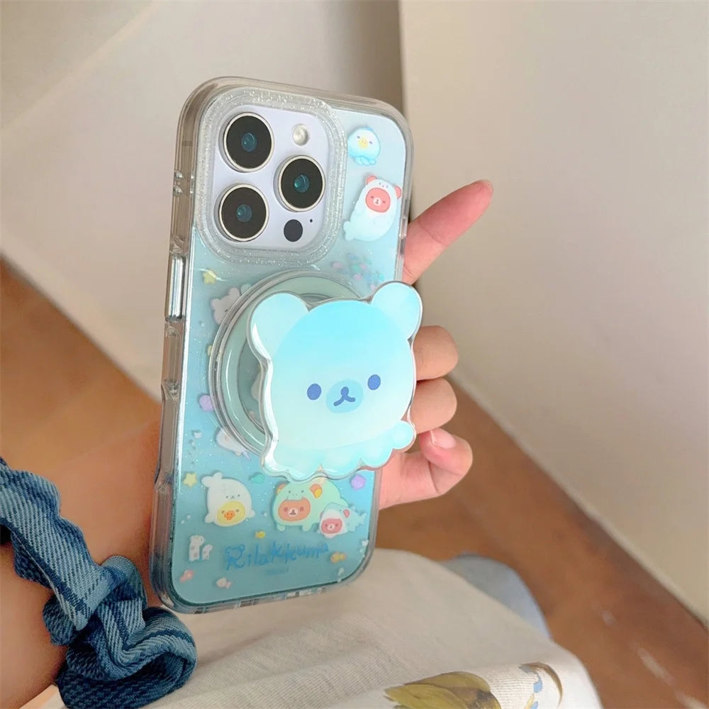 Funny Cute Rilakkuma Magnetic Stand Phone Case For iPhone Back Cover For Magsafe Cases Protective Fun