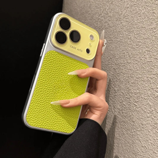 Creative Large Window Color Blocking PU Leather Case For iPhone Glass Lens Protective Cover Fundas