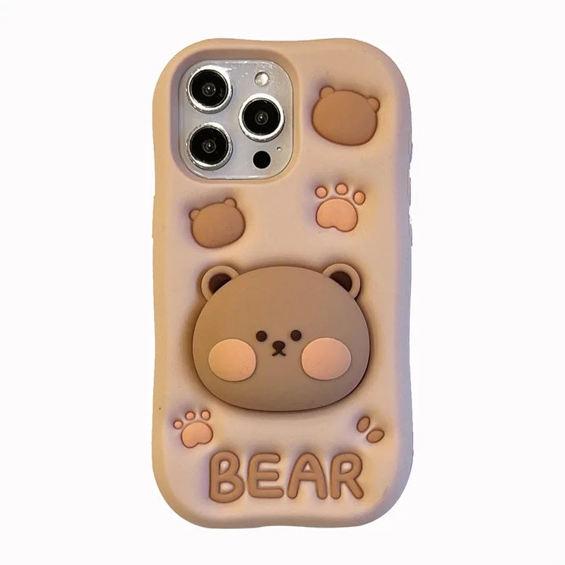 3D Cute Cartoon Bear Telescopic Bracket Phone Case For iPhone