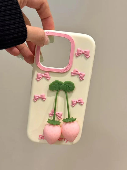 Cute Pink 3D Bow Strawberry Silicone Phone Case
