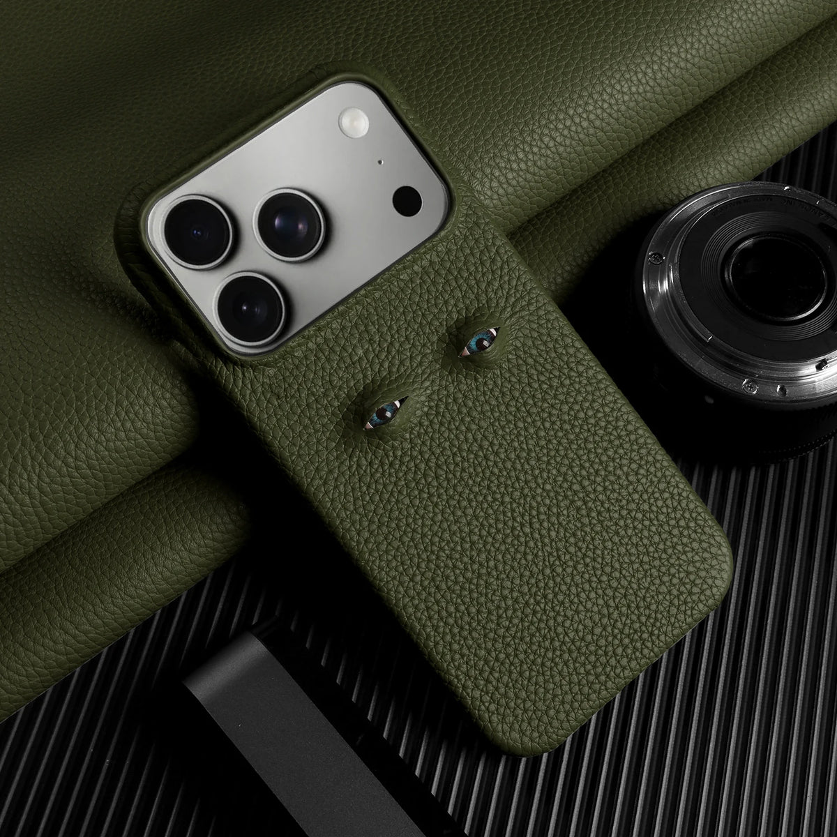 With Eyes Lychee Genuine Leather Case For iPhone