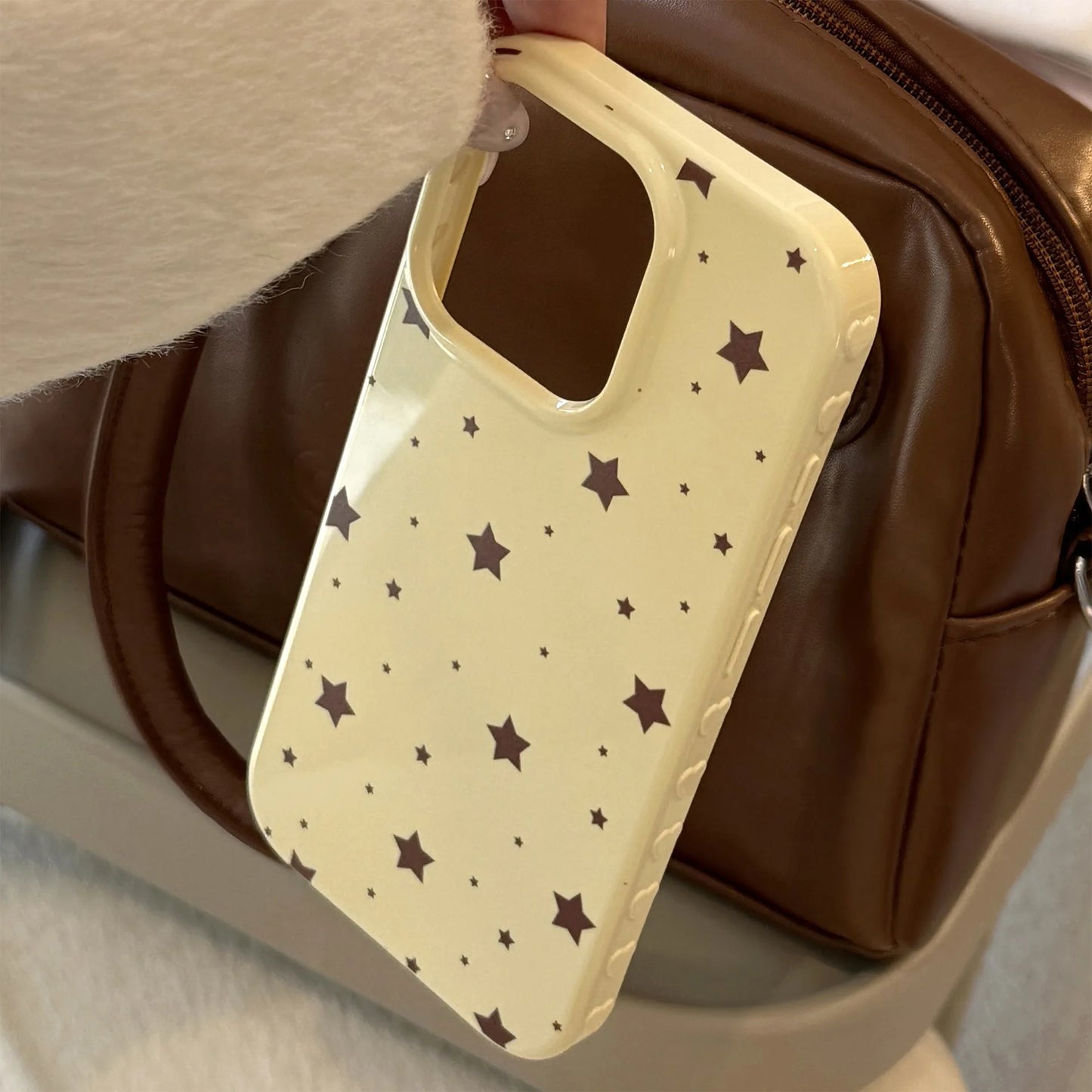 Korean Style Yellow Full Screen Brown Stars Soft Phone Case For iPhone