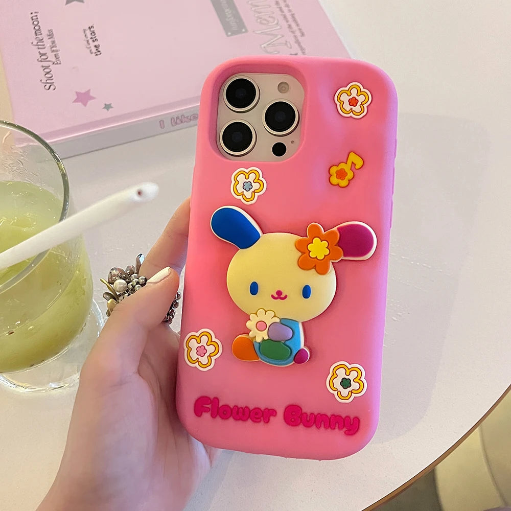 Kawaii 3D Cartoon Rabbit Floral Bracket Soft Silicone Phone Case