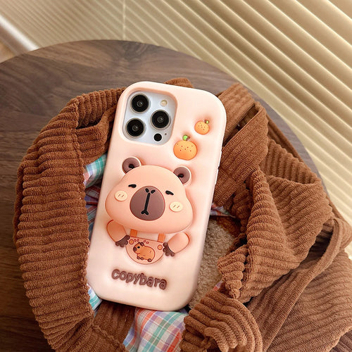 3D Cartoon Copybara Case Soft Silicone Cover With Stand Holder For iPhone