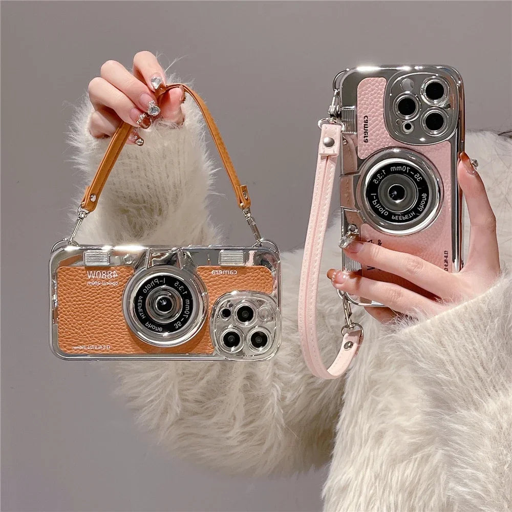Luxury Retro Stereo Camera Hand With Lanyard Phone Case For iPhone