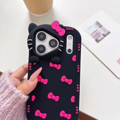 3D Cartoon Cute Bowknot Cat Camera Lens Protection Case For iPhone
