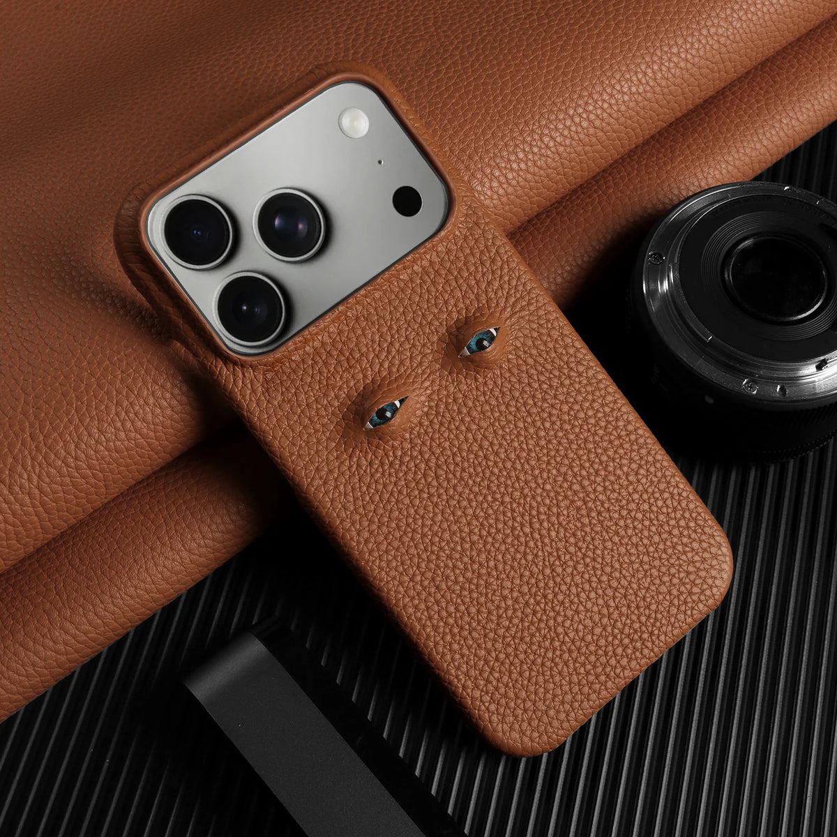With Eyes Lychee Genuine Leather Case For iPhone