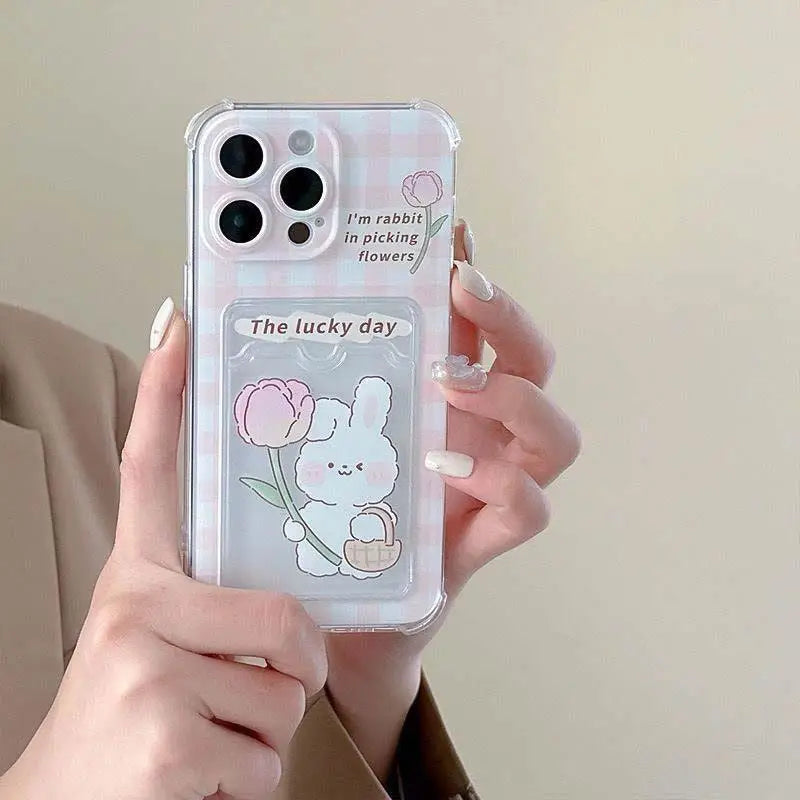INS Korean Cute Pink Rabbit Card Slot Bag Holder Phone Case For iPhone